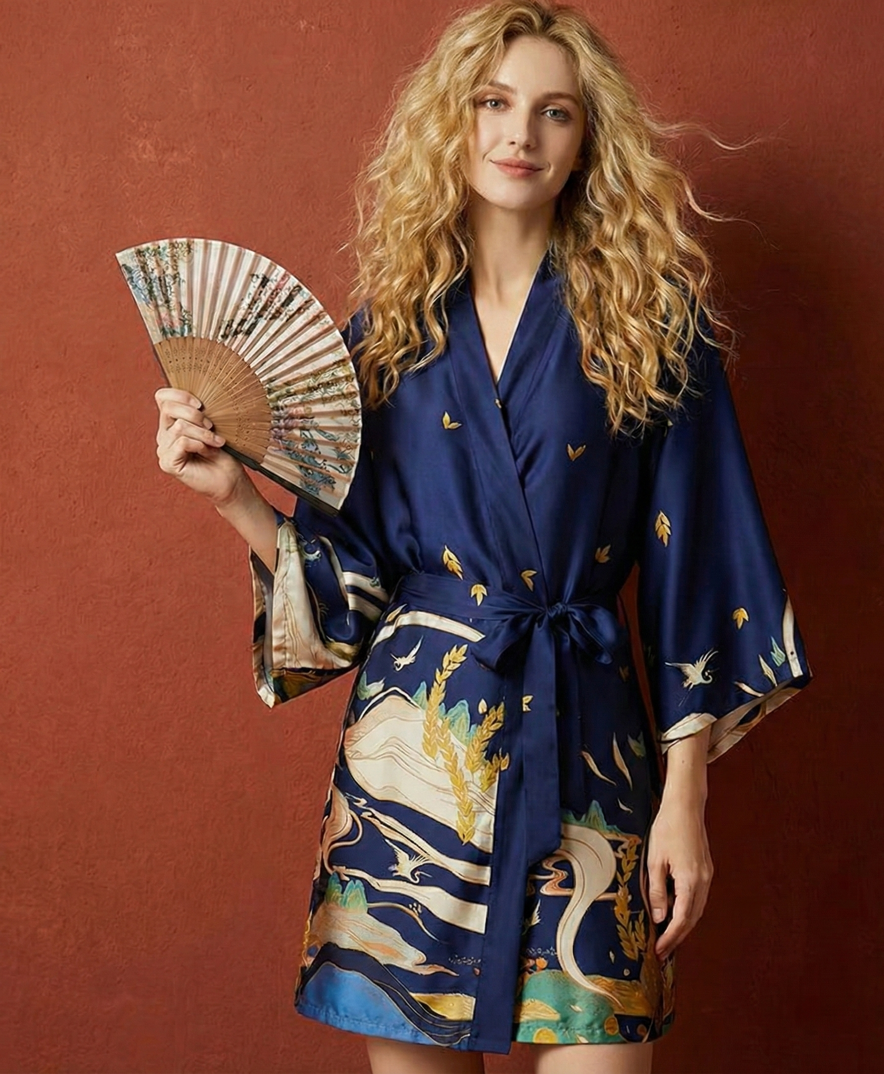 Kimono Corto Grullas Doradas – Sofisticación Nocturna en Satén Charmeuse