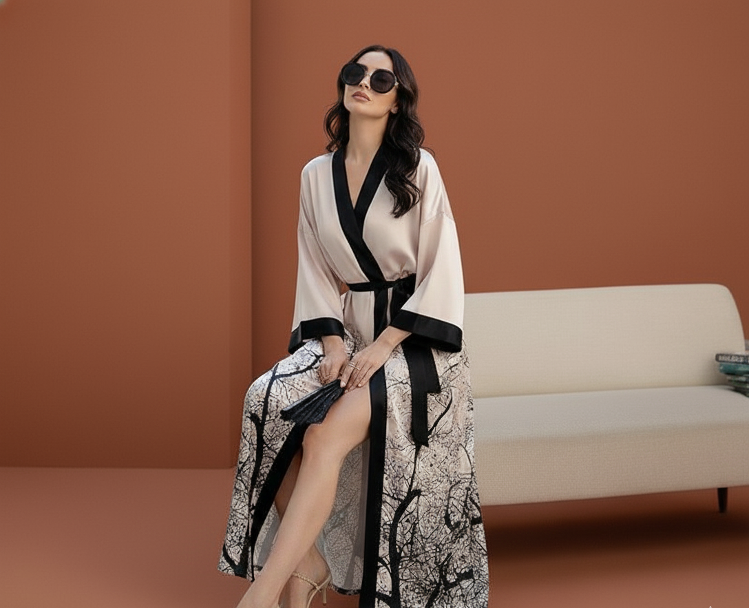 Kimono Largo Marfil Nocturno – Arte Minimalista en Satén