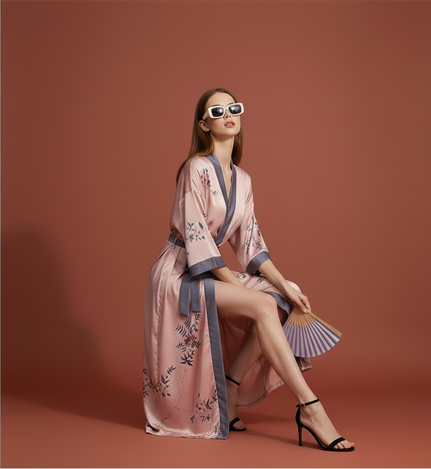 Kimono Largo Rosa Blush Floral – Romanticismo y Dulzura en Satén