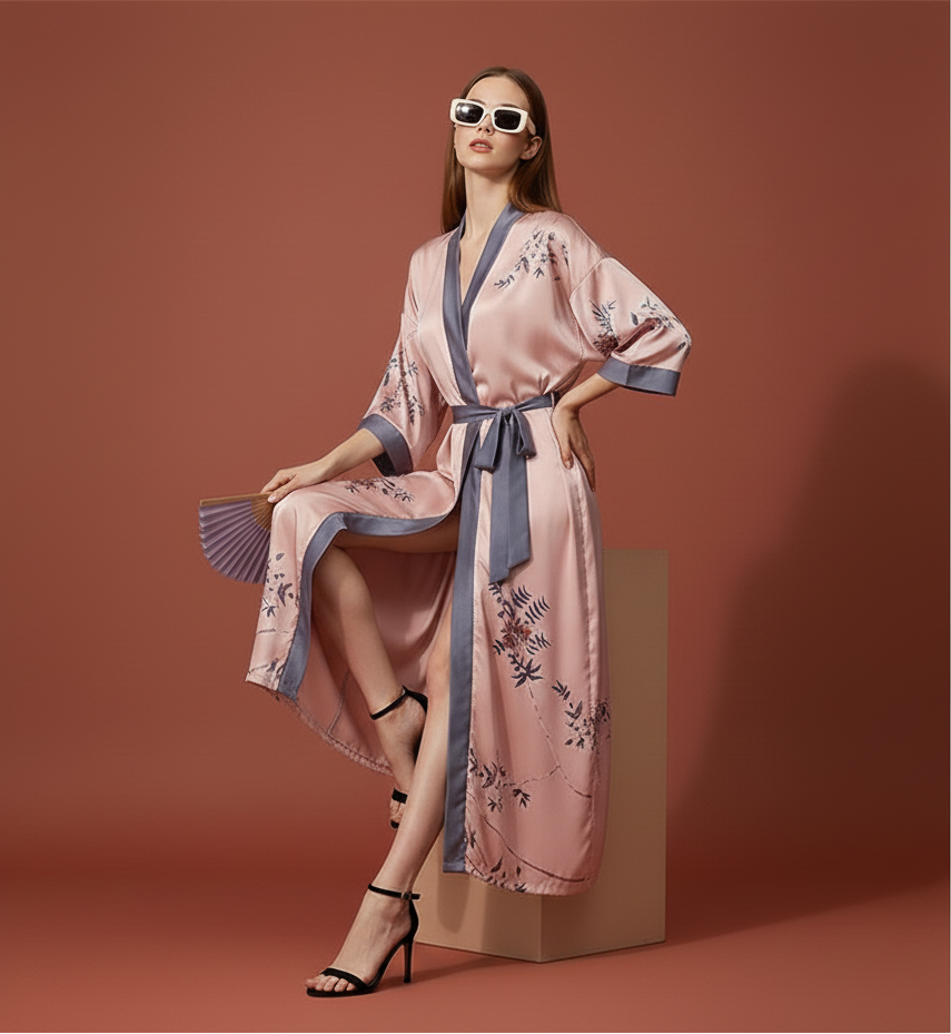 Kimono Largo Rosa Blush Floral – Romanticismo y Dulzura en Satén