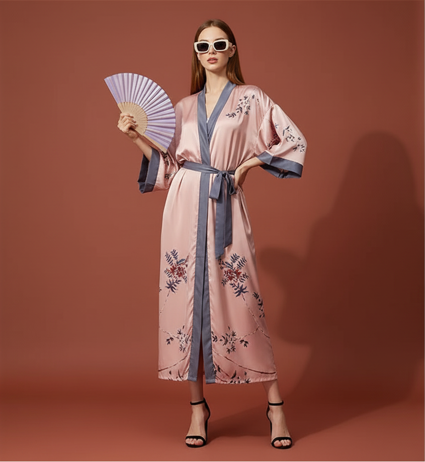 Kimono Largo Rosa Blush Floral – Romanticismo y Dulzura en Satén
