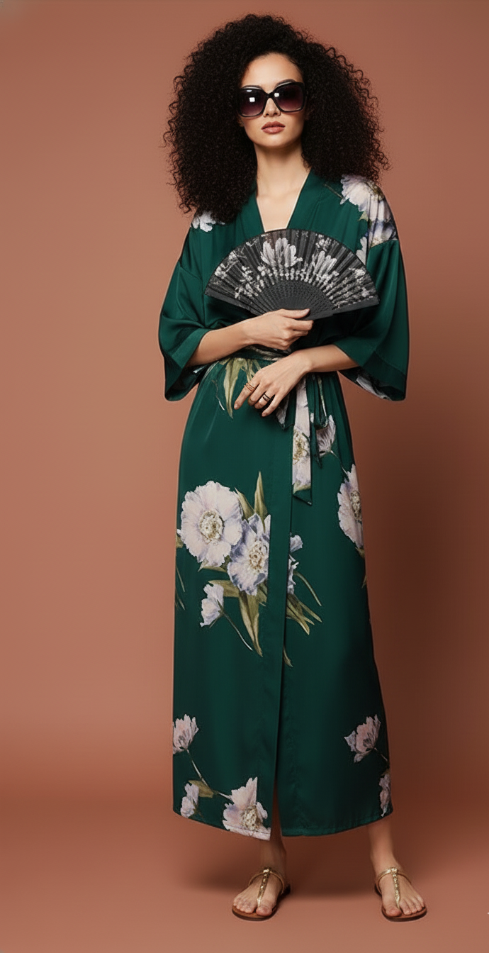 Kimono Largo Verde Esmeralda Floral – Frescura y Sofisticación en Satén