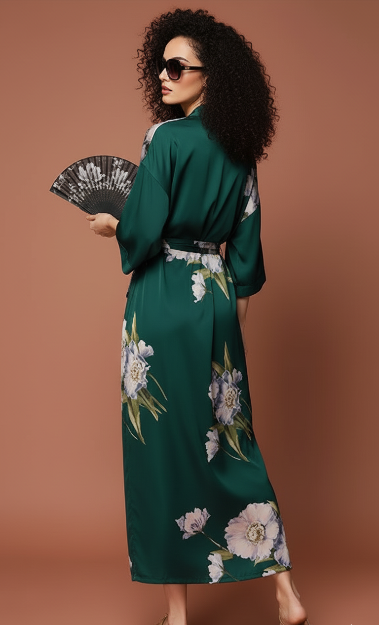 Kimono Largo Verde Esmeralda Floral – Frescura y Sofisticación en Satén