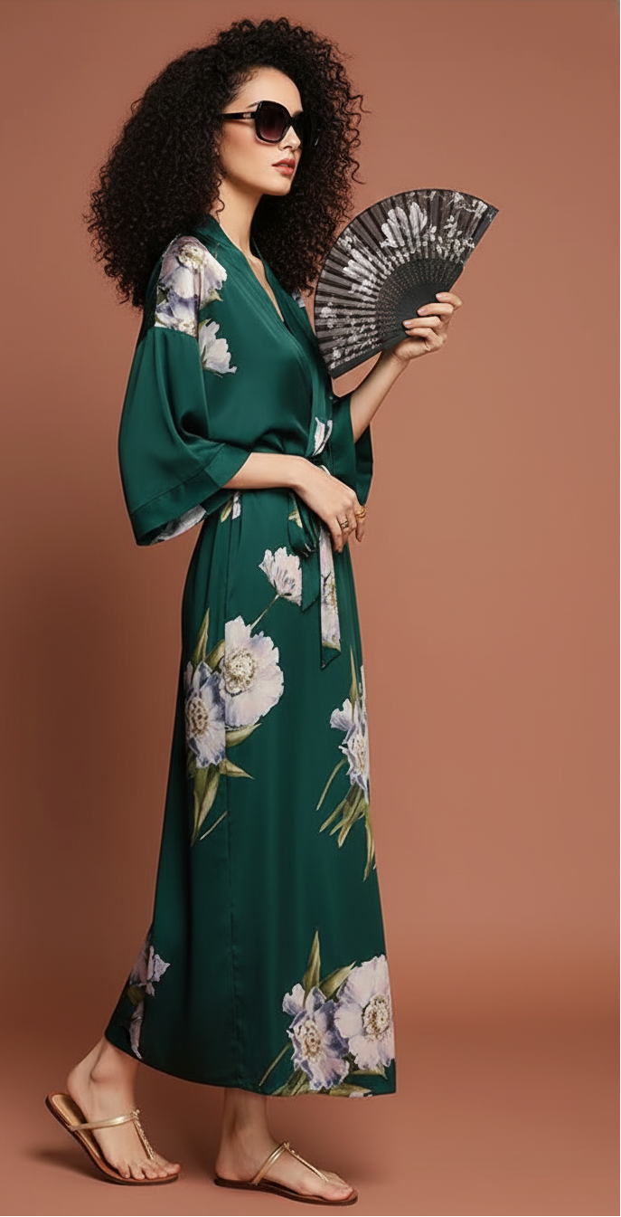 Kimono Largo Verde Esmeralda Floral – Frescura y Sofisticación en Satén