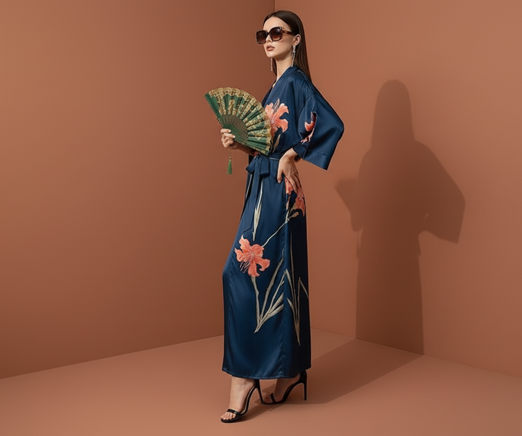 Kimono azul Floral-Satén Charmeuse: La elegancia de sentirse segura y sofisticada