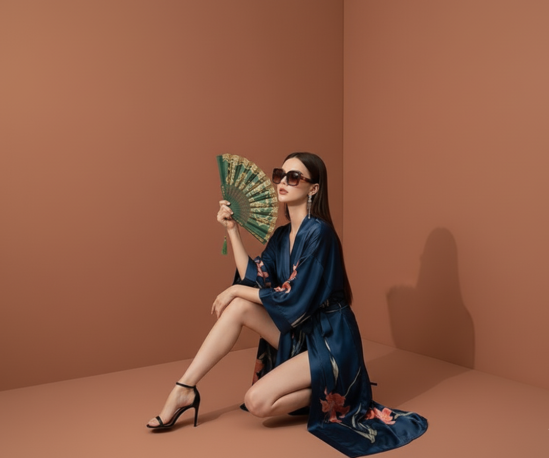 Kimono azul Floral-Satén Charmeuse: La elegancia de sentirse segura y sofisticada