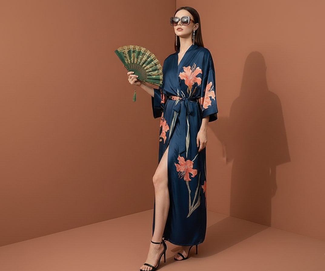 Kimono azul Floral-Satén Charmeuse: La elegancia de sentirse segura y sofisticada