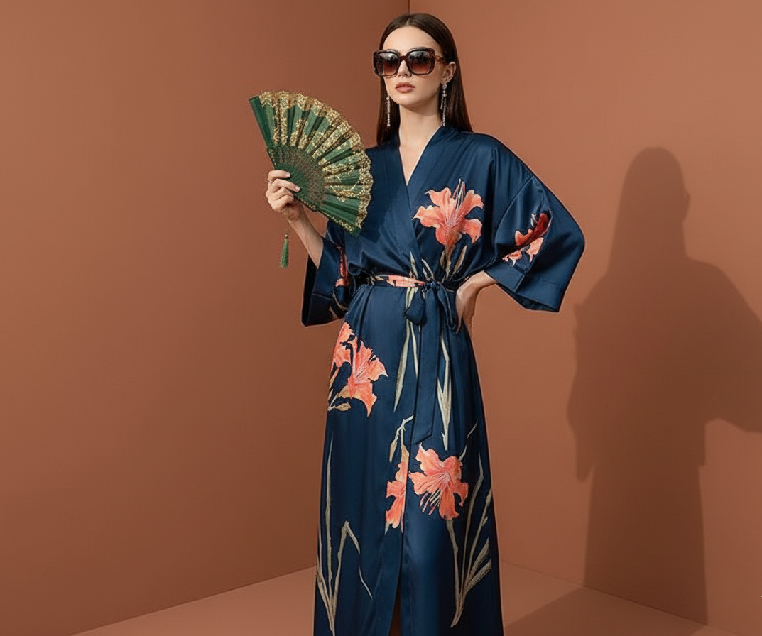 Kimono azul Floral-Satén Charmeuse: La elegancia de sentirse segura y sofisticada