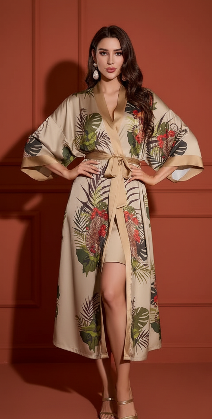 Kimono Largo Botanical Wild – Elegancia y Exotismo en Satén