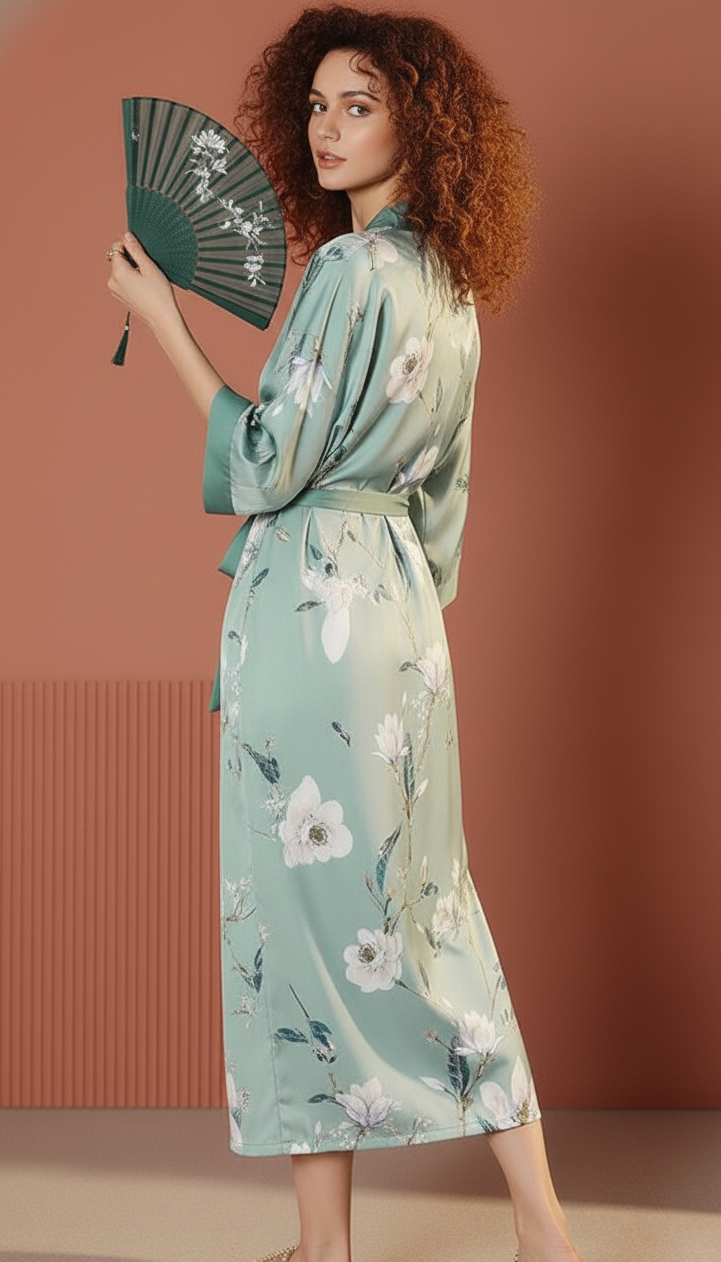 Kimono Largo Floral Verde Agua – Serenidad y Lujo en Satén