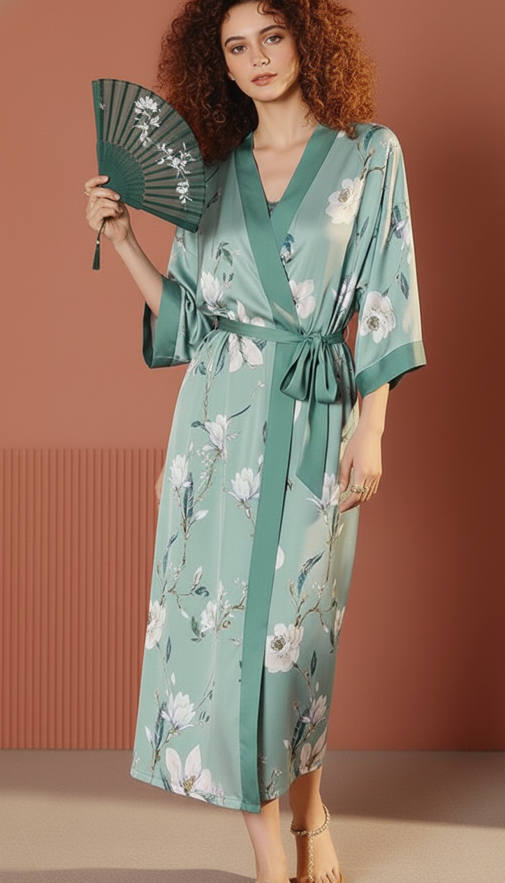 Kimono Largo Floral Verde Agua – Serenidad y Lujo en Satén