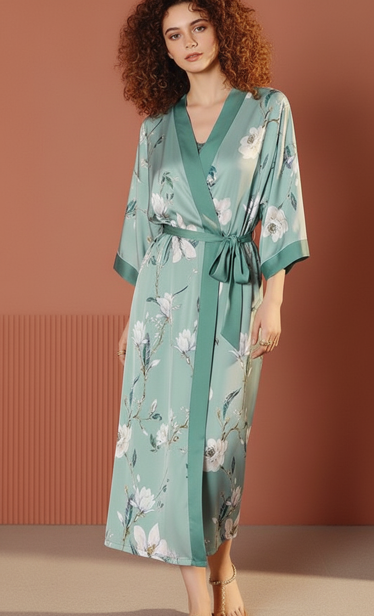 Kimono Largo Floral Verde Agua – Serenidad y Lujo en Satén